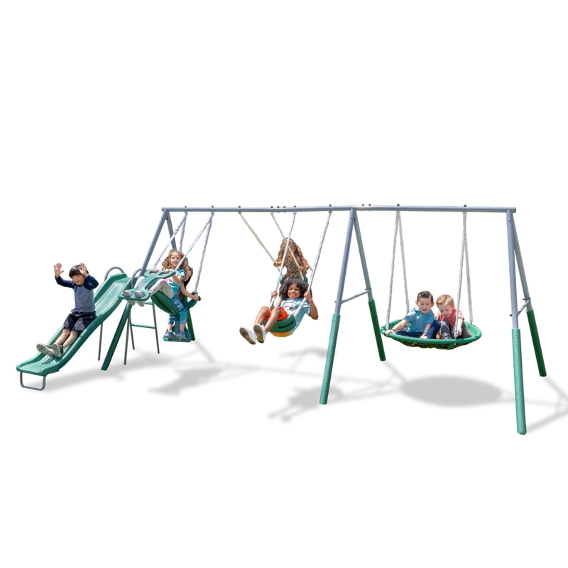 The Swing Company Rochester Metal Swing Set with Roman Glider Saucer Swing and 5' Slide