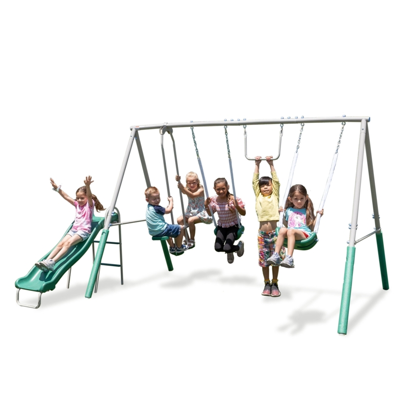 The Swing Company Yonkers Metal Swing Set with Glide Ride Trapeze Bar and 5' Slide