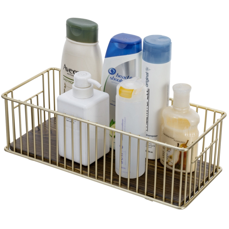 Thesha Brass Bathroom Tray Basket with Wood Base
