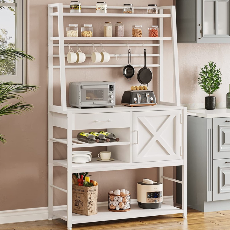 Tierone Baker''s Rack, Coffee Bar Cabinet, Farmhouse Microwave Stand With Wine Rack, Storage Drawer And 8 Hooks, Bakers Racks For Kitchens With Storage