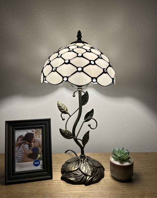 Tiffany Table Lamp White Stained Glass Crystal Beans Included LED Bulb 20" H x 10" W