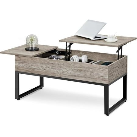 Topeakmart Split Wooden Lift-Top Coffee Accent Table with Hidden Storage and Side Drawer, Gray, Size:40x20x19.5'' (LxWxH)
