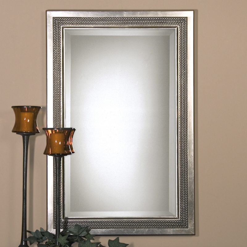 Triple Beaded Rectangular Beveled Mirror in Silver Leaf