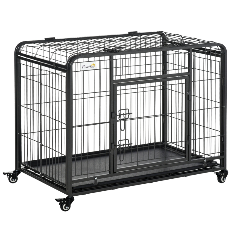 Tucker Murphy Pet Folding Design Heavy Duty Metal Dog Cage Crate u0026 Kennel With Removable Tray And Cover, u0026 4 Locking Wheels, Indoor/Outdoor 37" x 22.75" x 27.25"