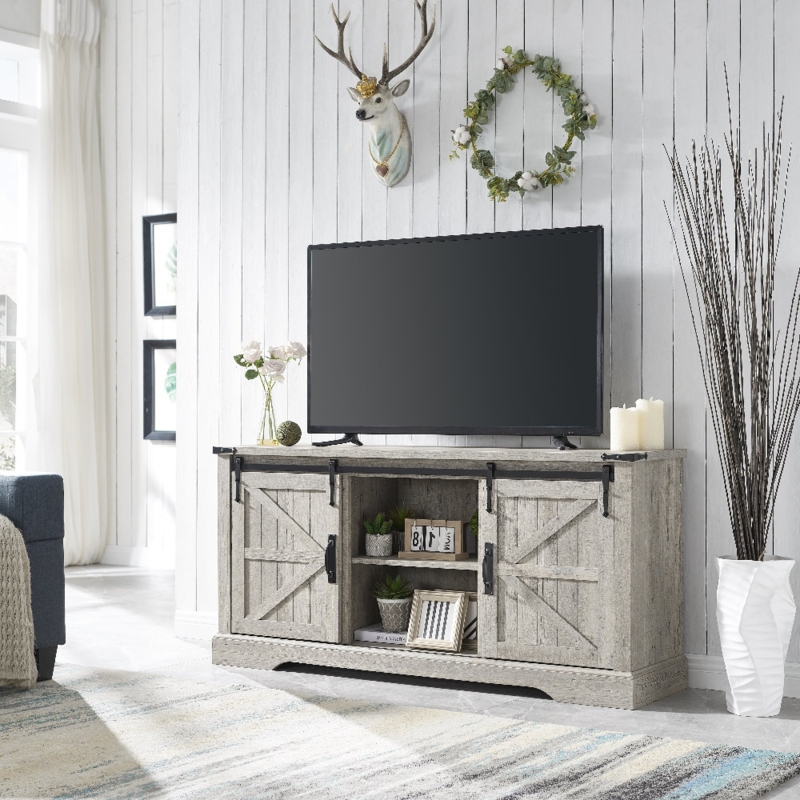 TV Stand for 65+ Inch TV, with Sliding Barn Door, Adjustable Shelf for Living Room