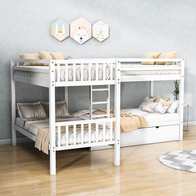 Twin Over Twin Wooden L-Shaped Bunk Beds, Quad Bed Frame