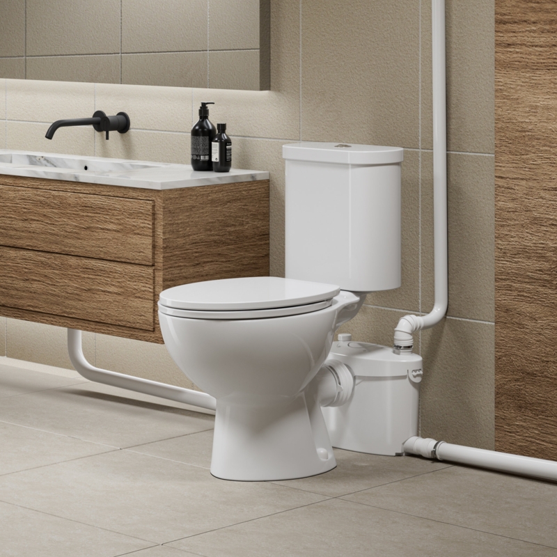 Upflush Toilet for Basement-Macerating Toilet with 600W Macerator Pump with 4 Water Inlets for Bathroom, Sink, Laundry