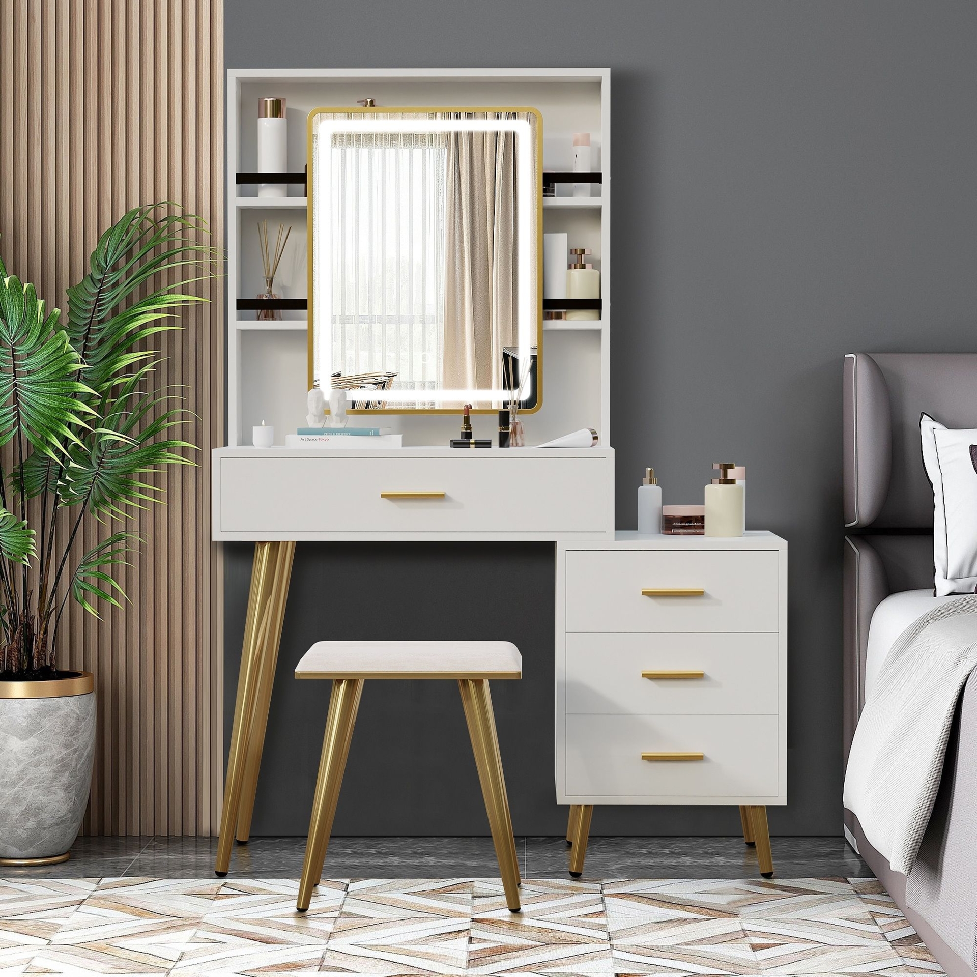 Vanity Desk with Mirror and Lights and Chair - 57.1*39.4