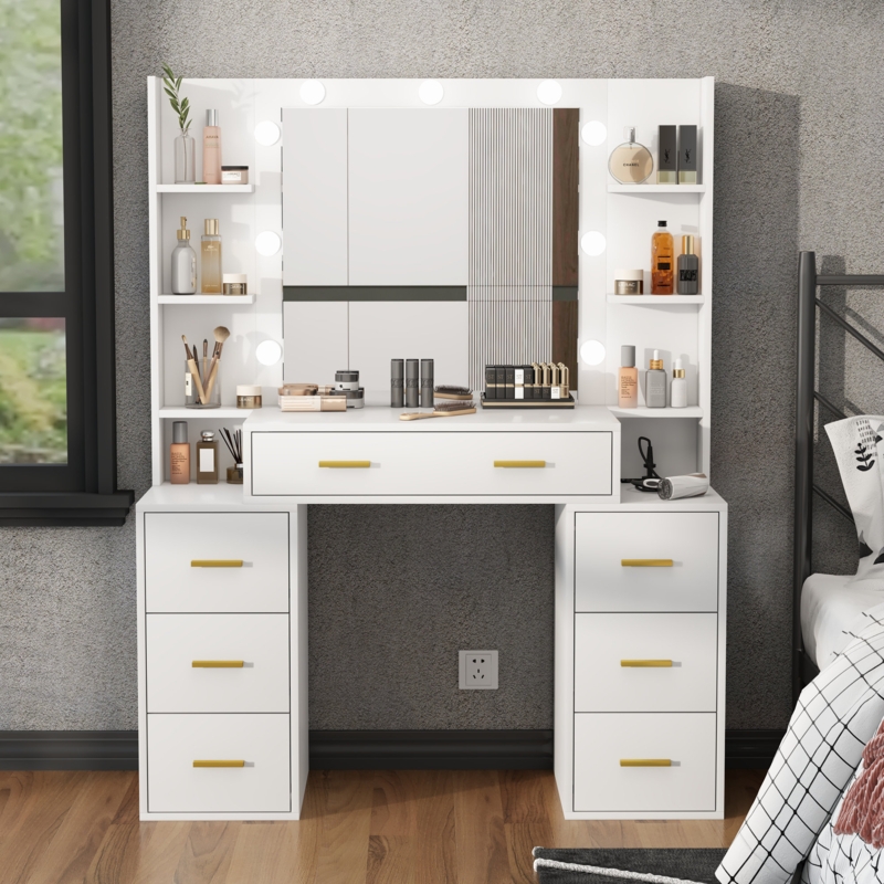 Vanity Set with Lighted Mirror, 43'' Makeup Vanity with Charging Station