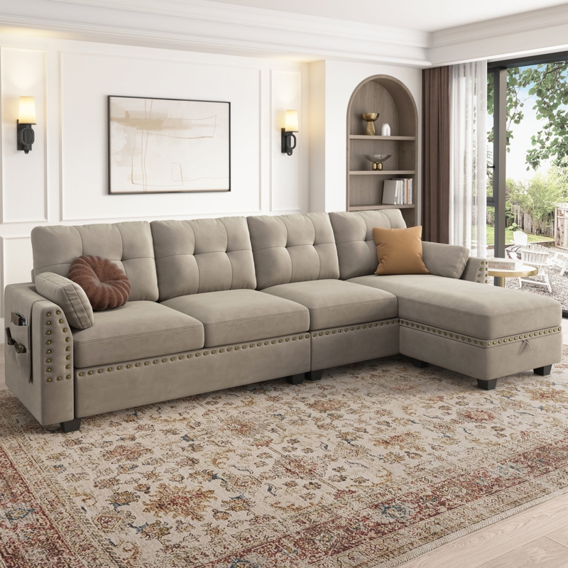 Velvet L-Shaped Sectional Sofa Reversible Sofa & Chaise With Storage Ottoman