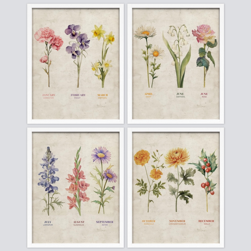 " Vintage Floral Birth Month Botanical S Antique Flower " 4 - Pieces on Paper (Set of 4)