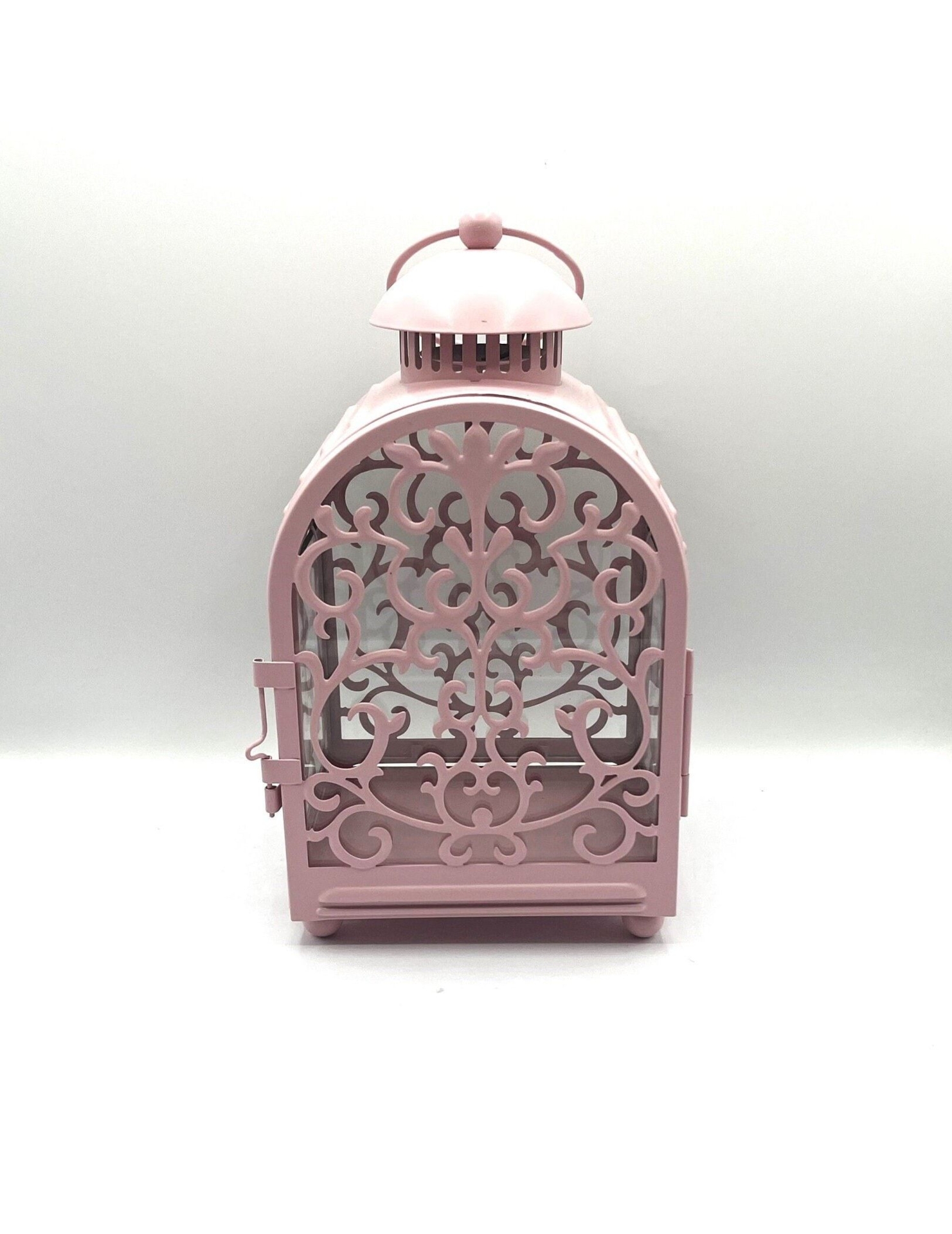 "Vintage Ikea Gottgora Pink Lantern for Candle. Metal and Glass Ring Handle at the top Slide Catch on the Door. 6\" x 4.5\" x 10.5\" tall"
