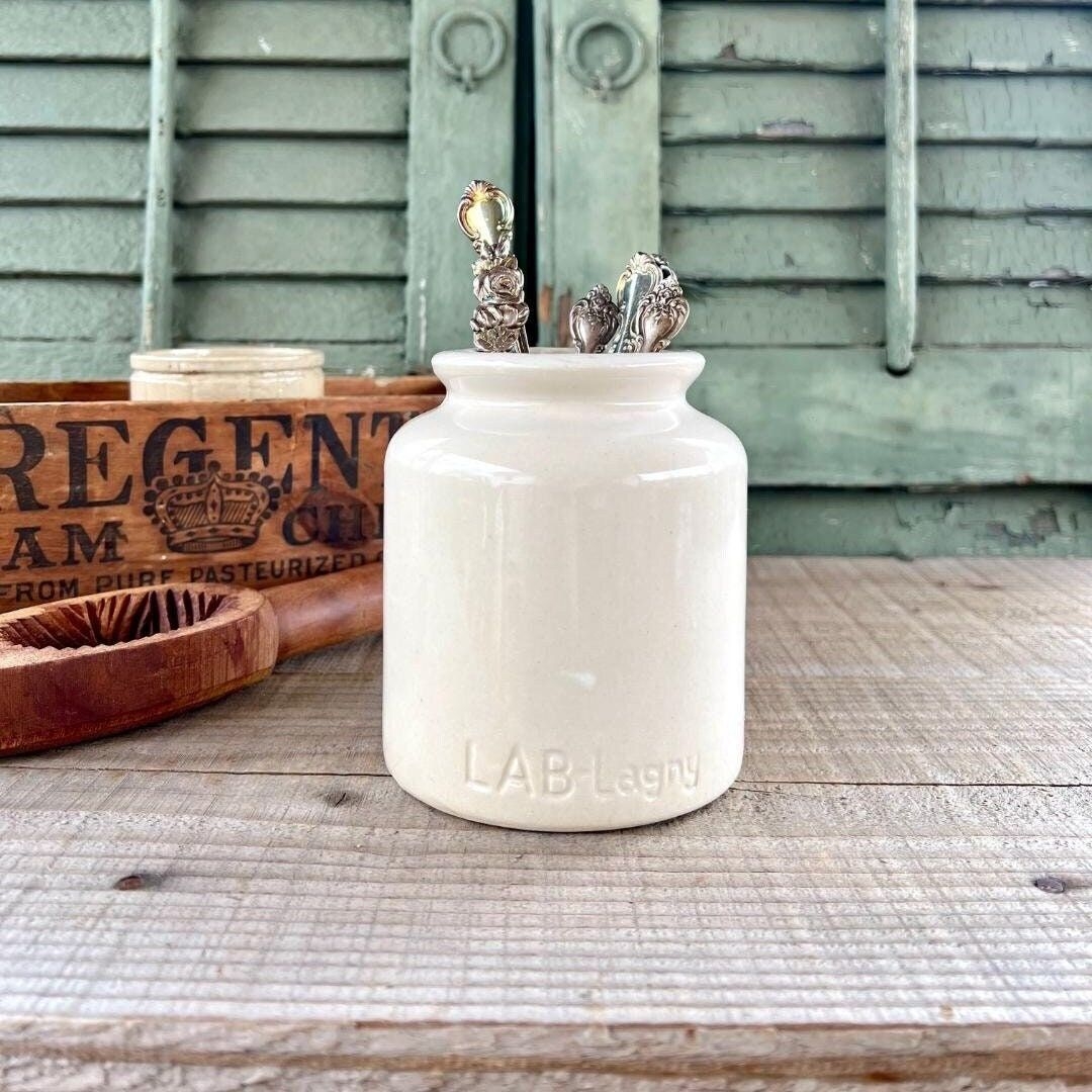 Vintage Lab Lagny Pommery Moutarde de Meaux French Mustard Crock (No Lid) - French Country, Farmhouse, Cottage, Small Crock, Mustard Jar