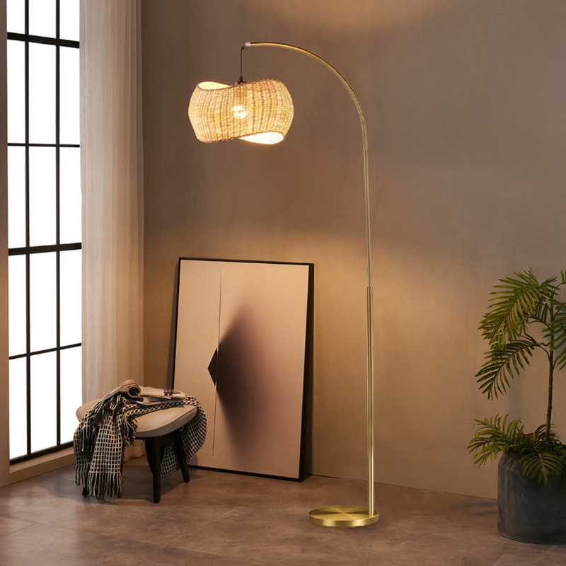 Wave 81 in. Mid-Century Modern 1-Light LED Energy Efficient Floor Lamp with Bamboo Drum Shade