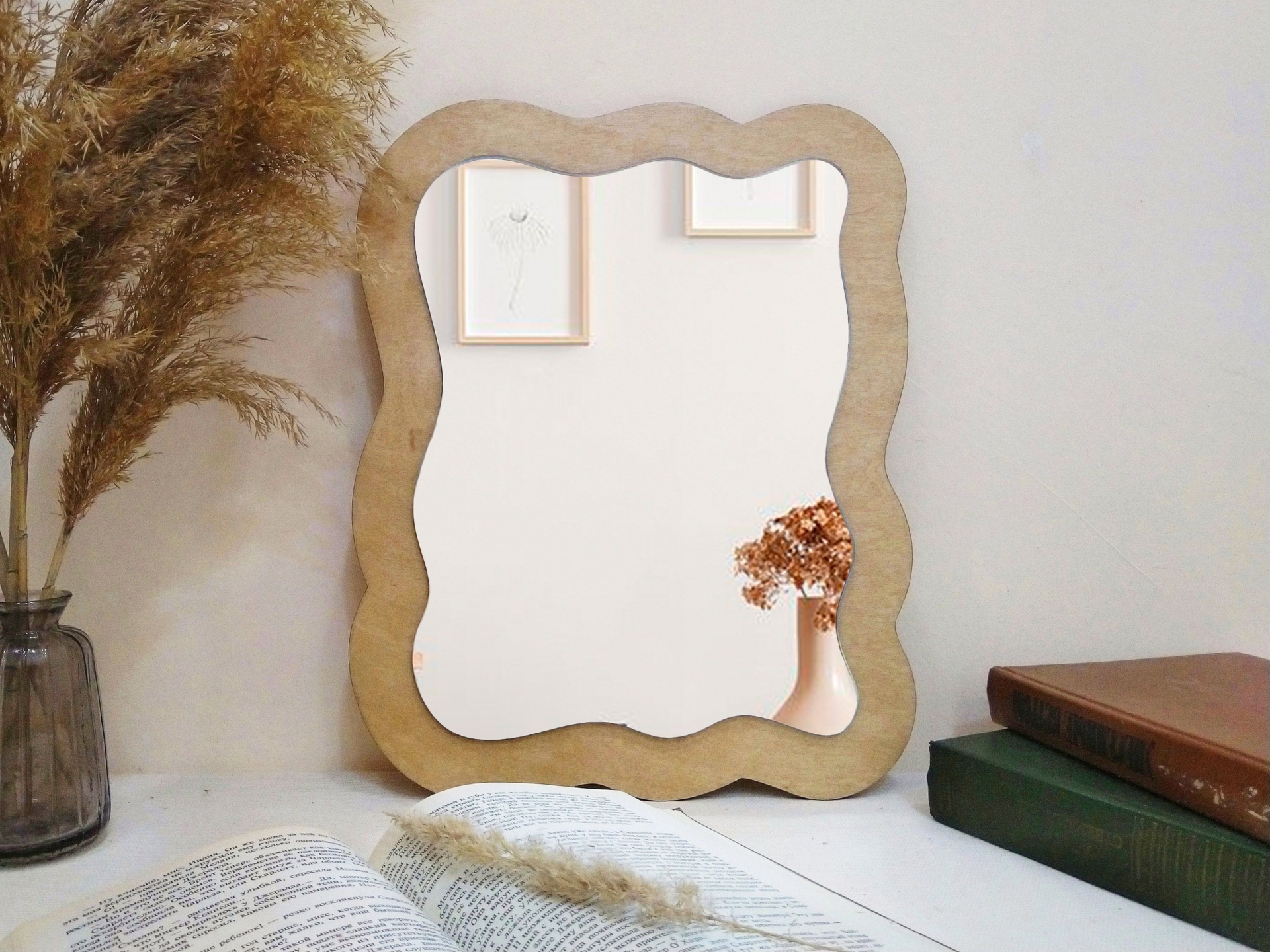 Wavy mirror wall decor, Asymmetrical tabletop mirror, Irregular shape table mirror, Squiggle makeup mirror, Wood boho rectangular mirror