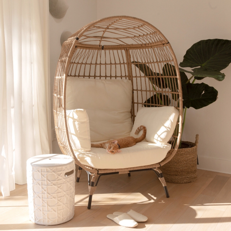 Wicker Oasis Lounger: Teardrop Egg Chair with Stand & Cushions