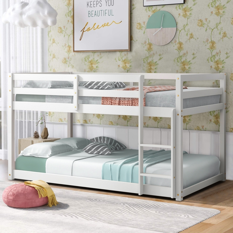 Wood Twin Over Twin Floor Bunk Bed with Ladder, Twin Size Bunk Bed for Teens, No Box Spring Needed