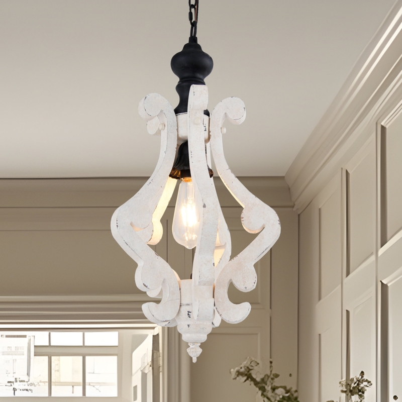 Wooden Pendant Light Vintage Chandelier Farmhouse Hanging Light wood u0026 Metal,off-white