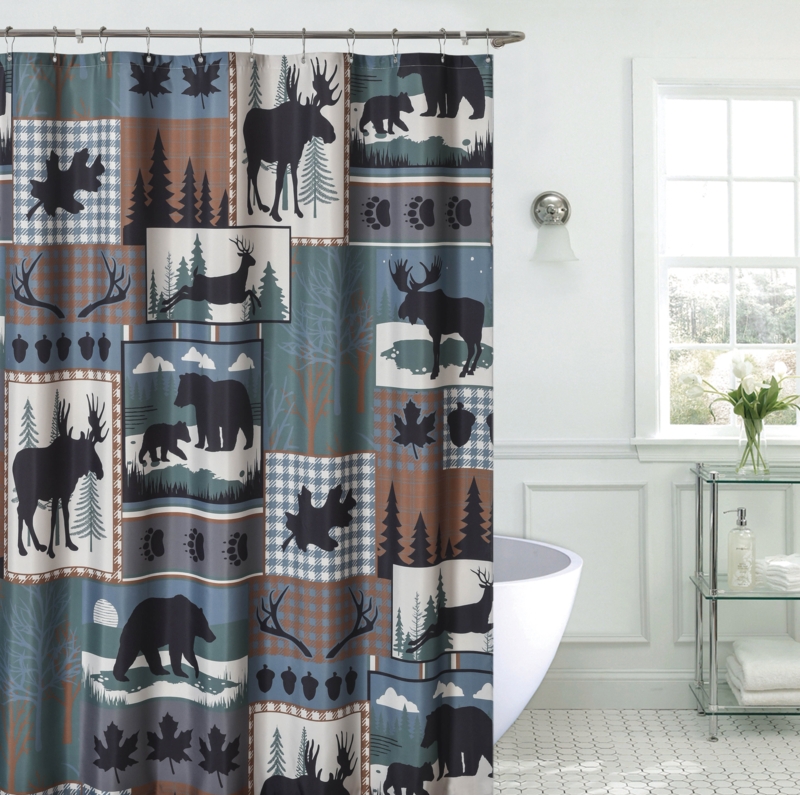 Woodland Forest Patchwork Animal Moose Bear Nature Winter Themed Decorative 72" Shower Curtain