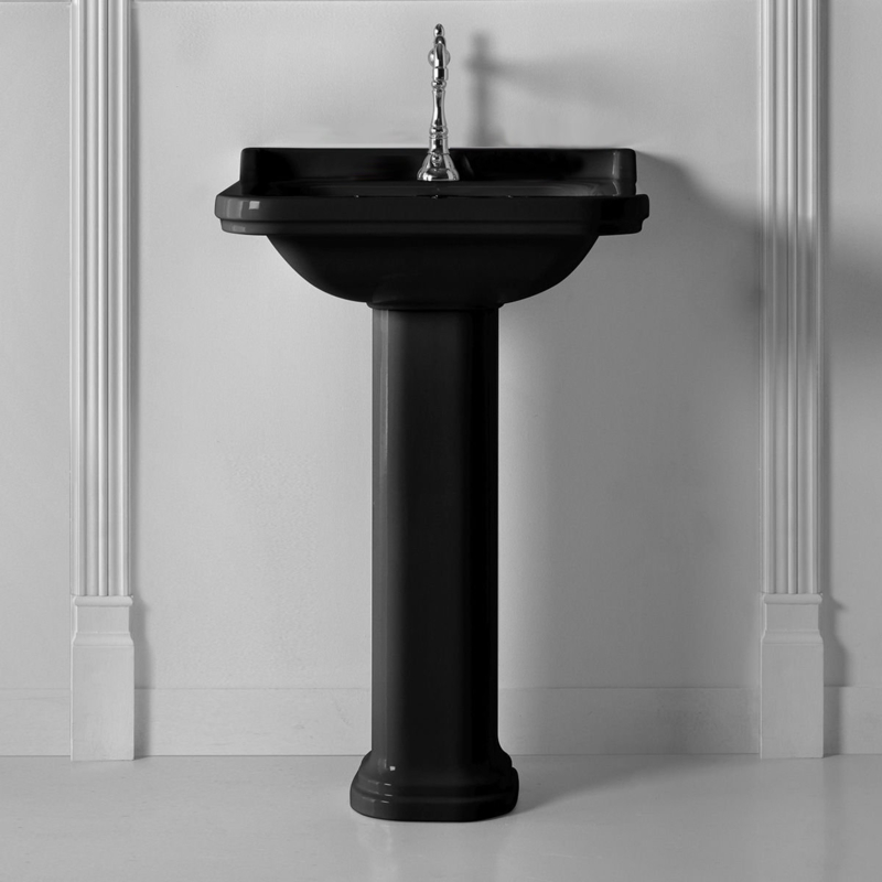 WS Bath Collections Waldorf 30.7'' Tall Glossy Black Ceramic Rectangular Pedestal Bathroom Sink with Overflow