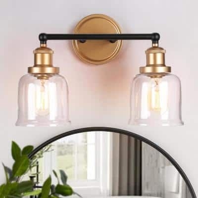 Zevni Bluec 14.5 in. 2-Light Dark Gold Bathroom Vanity Light Vintage Bell Clear Glass Bath Lighting Modern Indoor Wall Sconce