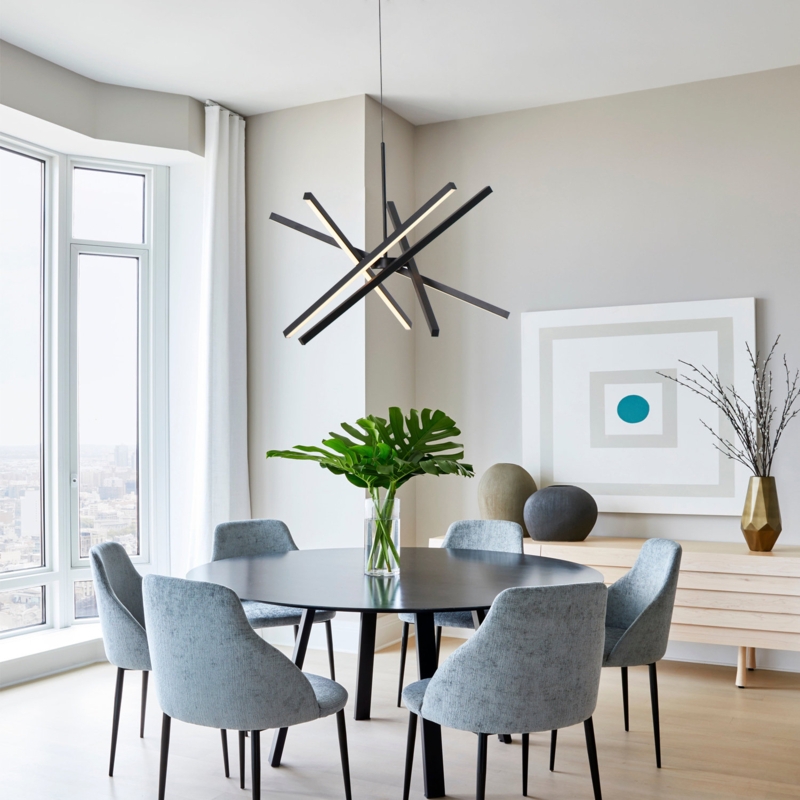Zhanjing5 LED Modern Chandelier Sputnik Black Linear Kitchen Island Light Remote Dimmable