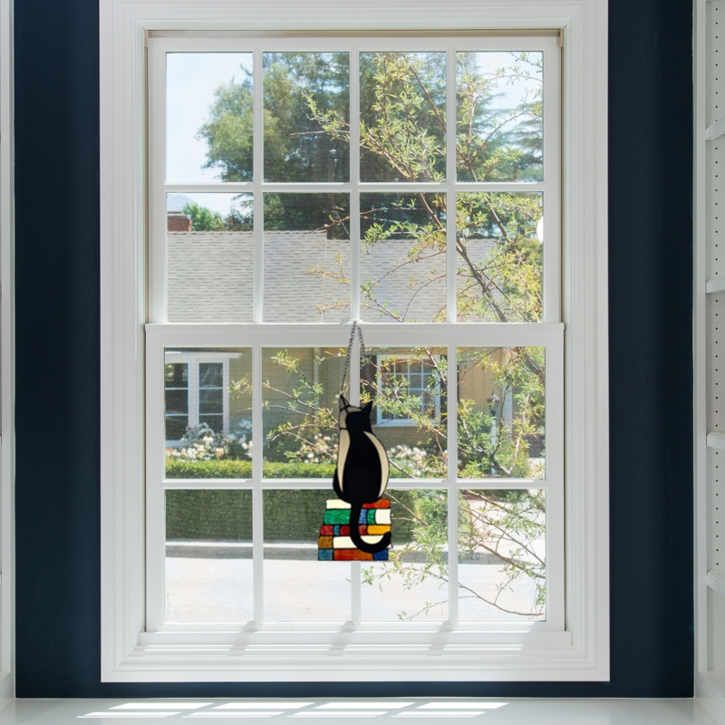 12.5 In. H Kate Black Library Cat Stained Glass Window Panel