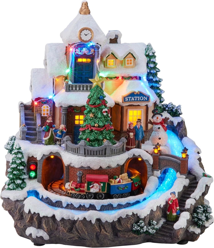 13.58H Animated Mountain Train Station (Train & Tree) - LED, 8 Music, Adapter - Hand-Painted Resin