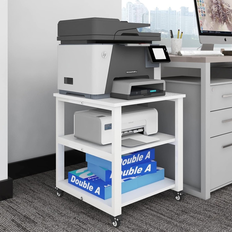 20'' H x 19.7'' W 3-Tier Laser Printer Stand with Storage, Floor-Standing Rack on Wheels
