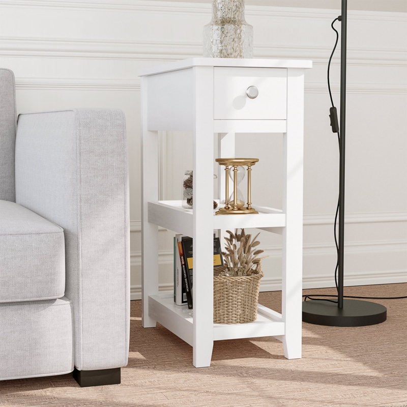 24'' Tall End Table, Narrow Side Table with Drawer and Shelve for Small Space
