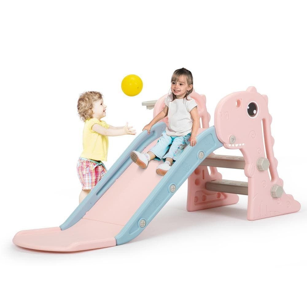 3-in-1 Toddler Slide, Baby Slide Playset with Basketball Hoop for Indoor and Outdoor, Pink