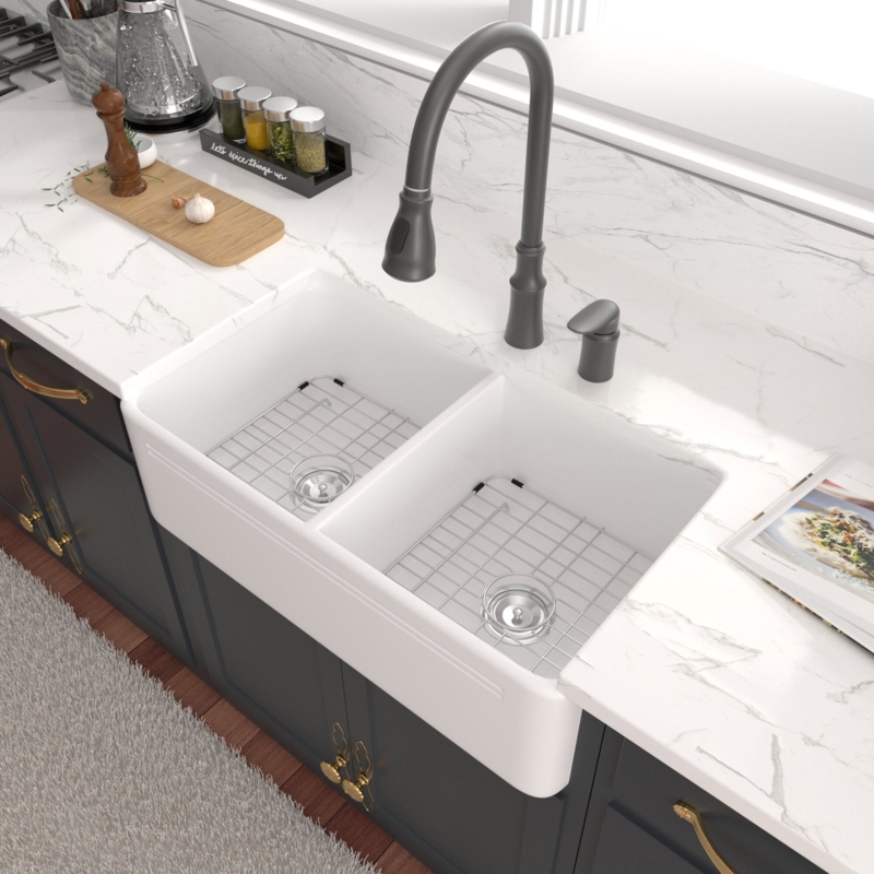 33" L x 18" W Double Basin Farmhouse Kitchen Sink with Sink Grids and Basket Strainers