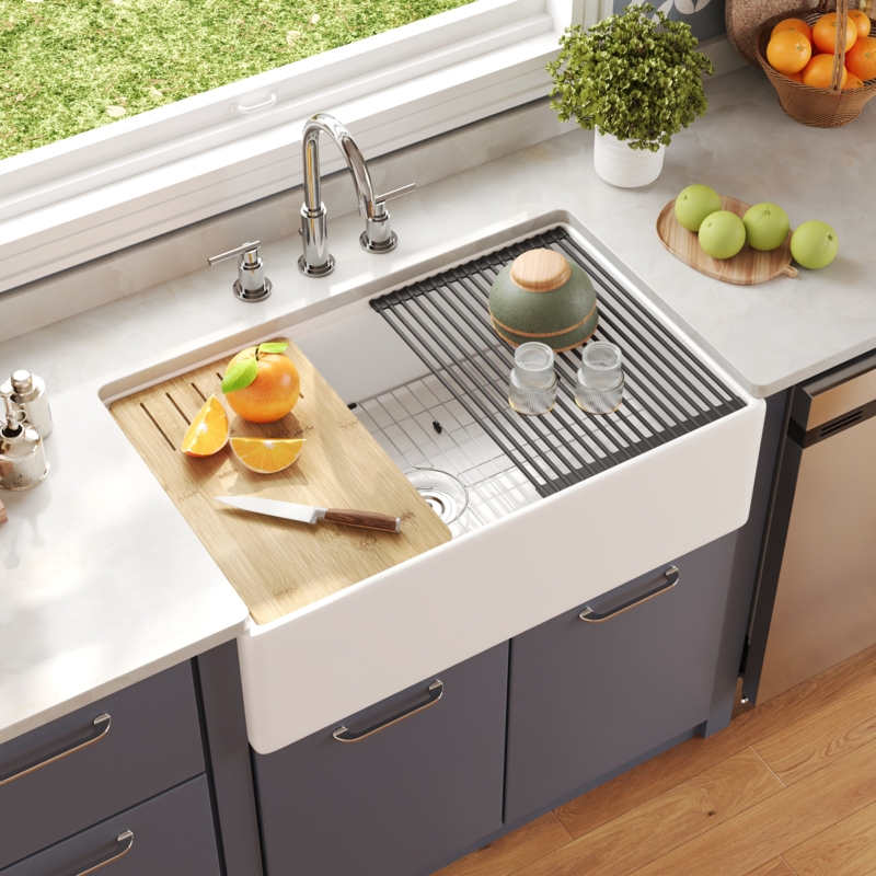 33"L x 20"W Kitchen Sink, Farmhouse Workstation Sink with Cutting Board and Dish Drying Rack