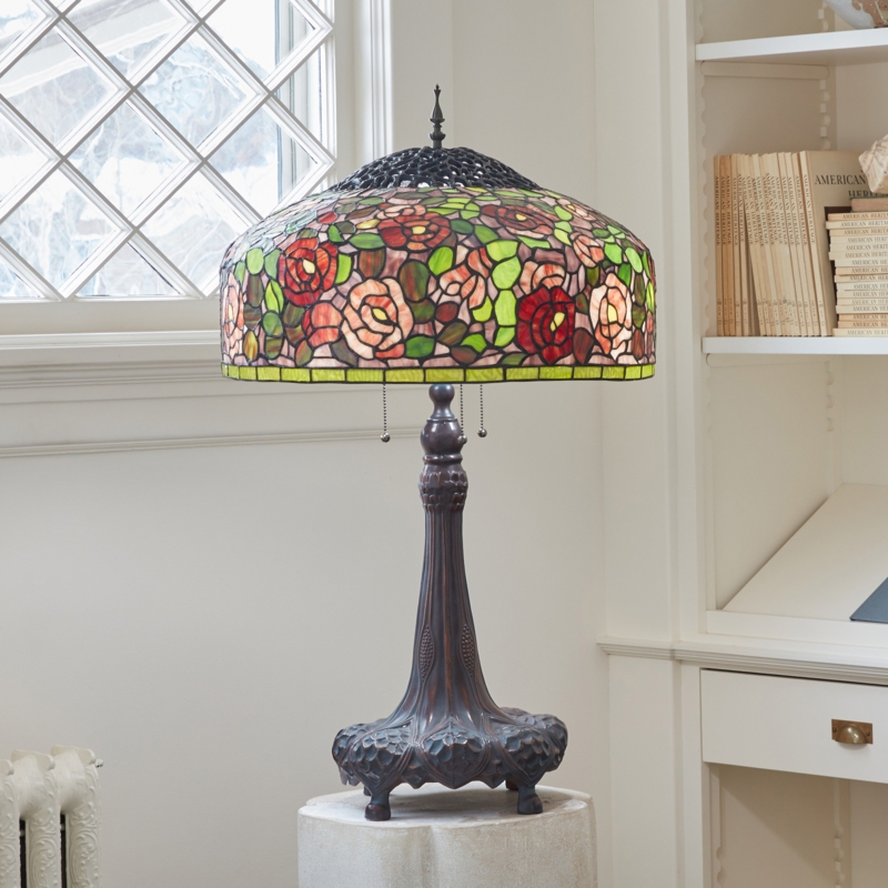 35.5''H Rose Bush Tiffany-Style Stained Glass Table Lamp