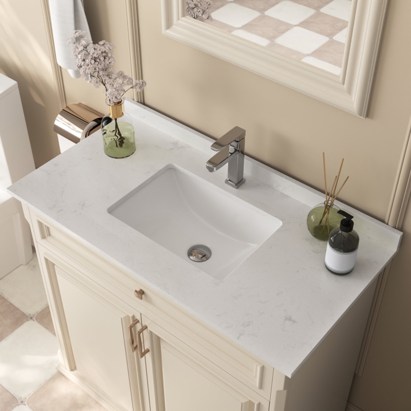 36" White Rectangular Single Vanity Top with Faucet Hole and Backsplash/Overflow(Top Only)
