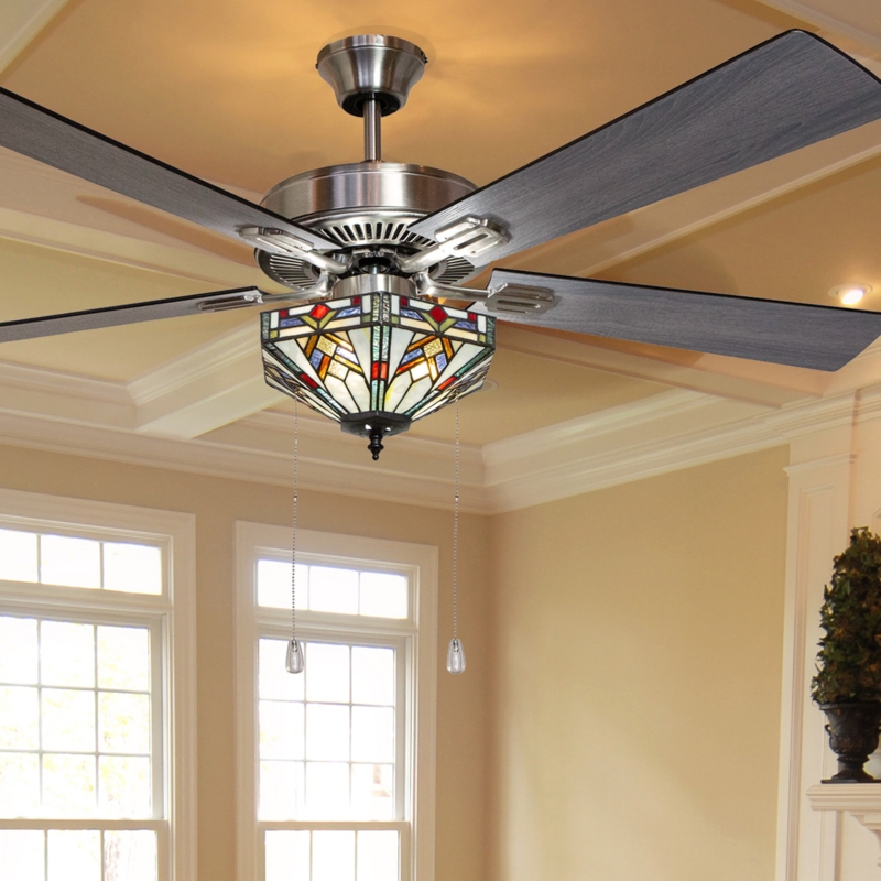 52" Londono Mission Stained Glass Ceiling Fan, Satin Nickel