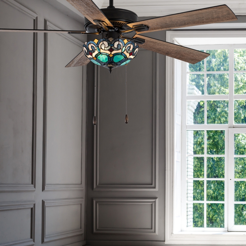 52"W Aramys 5-Blade Remote-Controlled Ceiling Fan Tiffany Stained Glass