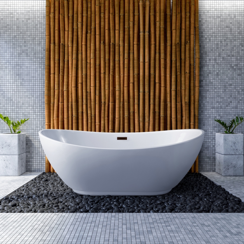 67" Streamline Freestanding Soaking Acrylic Bathtub With Drain and Bamboo Tray