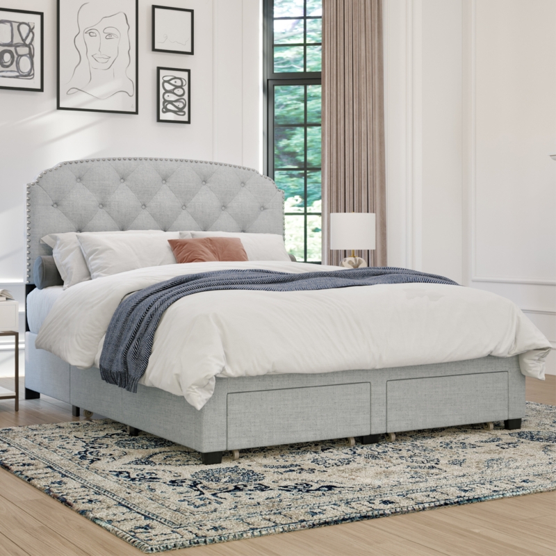 Abdiel Upholstered Panel Bed Frame with Storage Drawers, Nailhead Trim Headboard