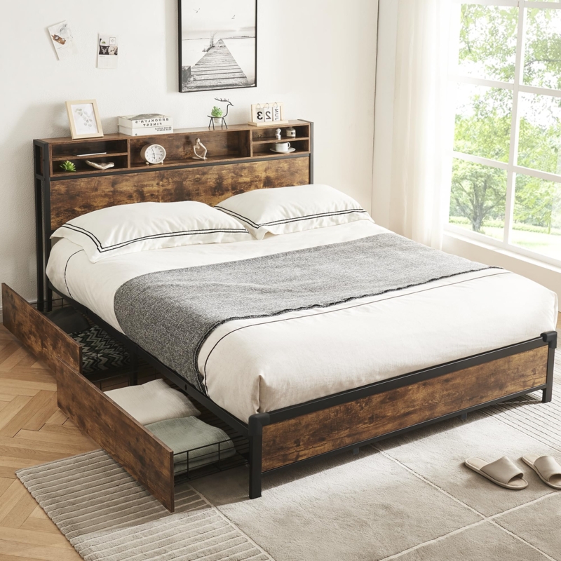 Adriaan Bookcase Storage Bed, King Metal Platform Bed Frame with Headboard and 4 Storage Drawers