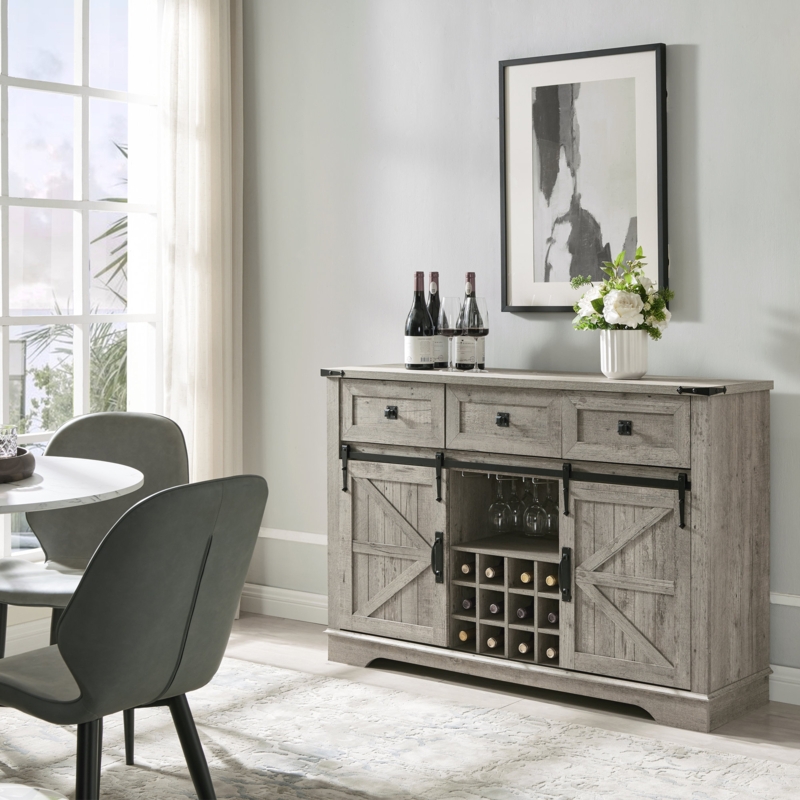 Aisaiah 54" Coffee Wine Bar Cabinet, Buffet Cabinet, 3 Drawers, Sliding Barn Door, Wine & Glass Rack