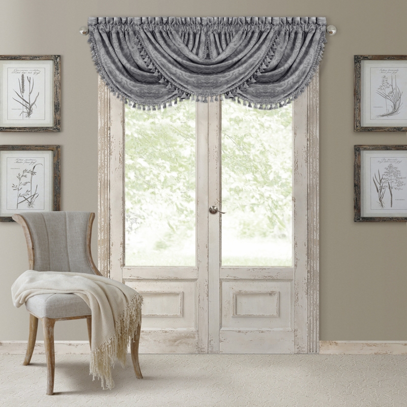 Alicia Damask Print Waterfall Tassel 52" Window Valance
