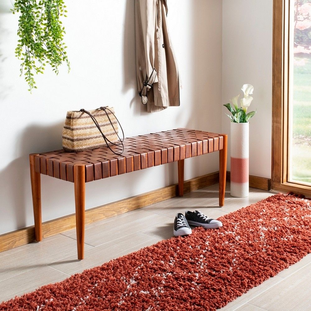 Amalia Leather Weave Bench - Cognac/Dark Brown - Safavieh.