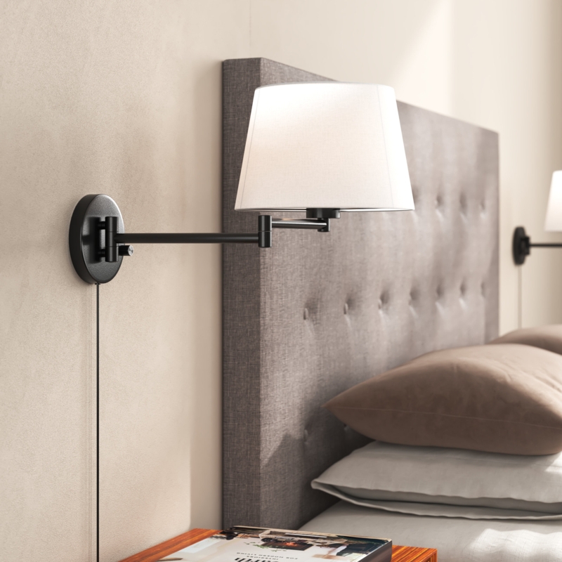 Amaranthe Plug-In & Hardwired White Linen Shade Dimmable Swing Arm Sconce (Set of 2)