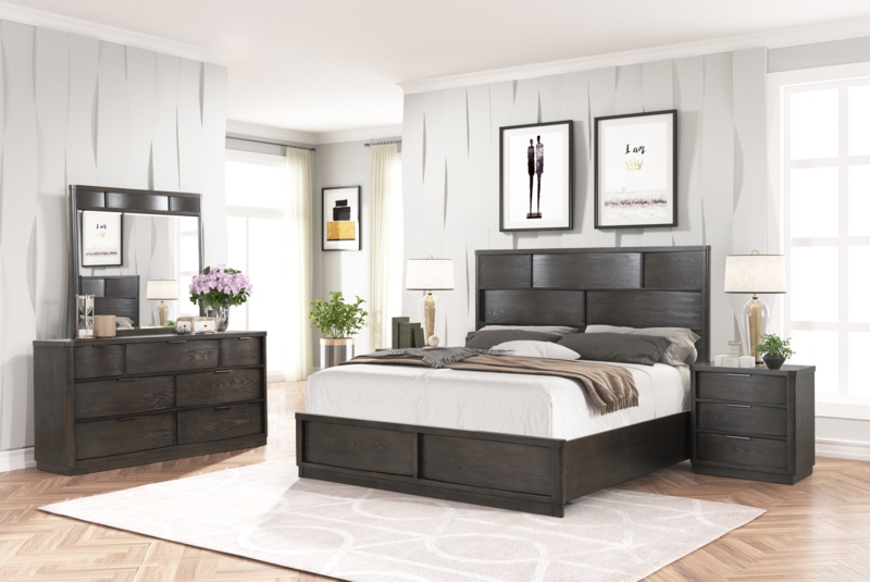 Amberson Belani Wood Bedroom Set, Panel Bed, Dresser, Mirror, Two Nightstands, Espresso