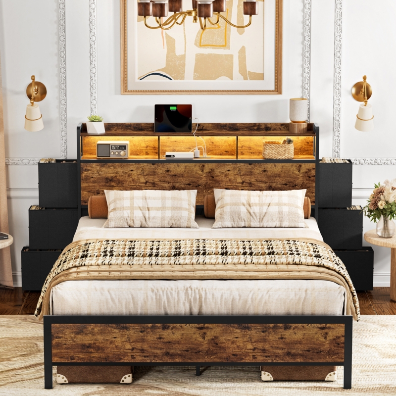 Antioch Bed Frame With Bookcase Headboard & 6 Storage Bedside Drawers, Storage Bed With Outlet & LED Light