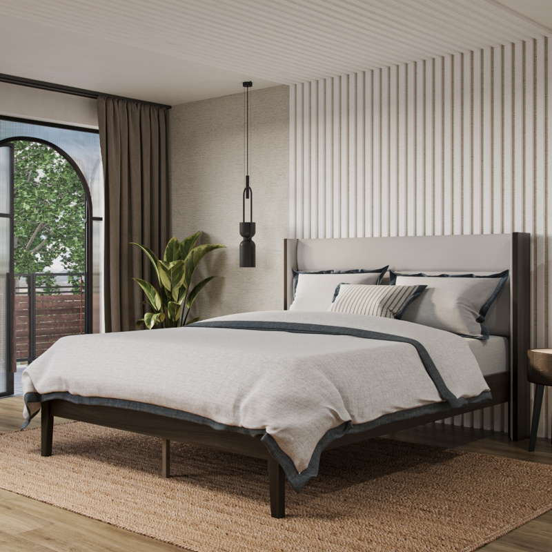 Arand Queen Solid Wood Platform Bed Frame, Upholstered Wingback Headboard, No Box Spring Needed