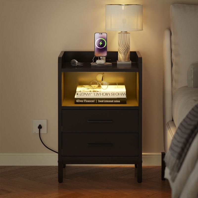 Areil 28'' H 2 - Drawer Nightstand with Charging Station u0026 LED Lights