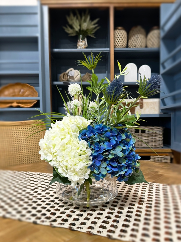 Assorted Hydrangea and Thistle Floral in Glass Vase