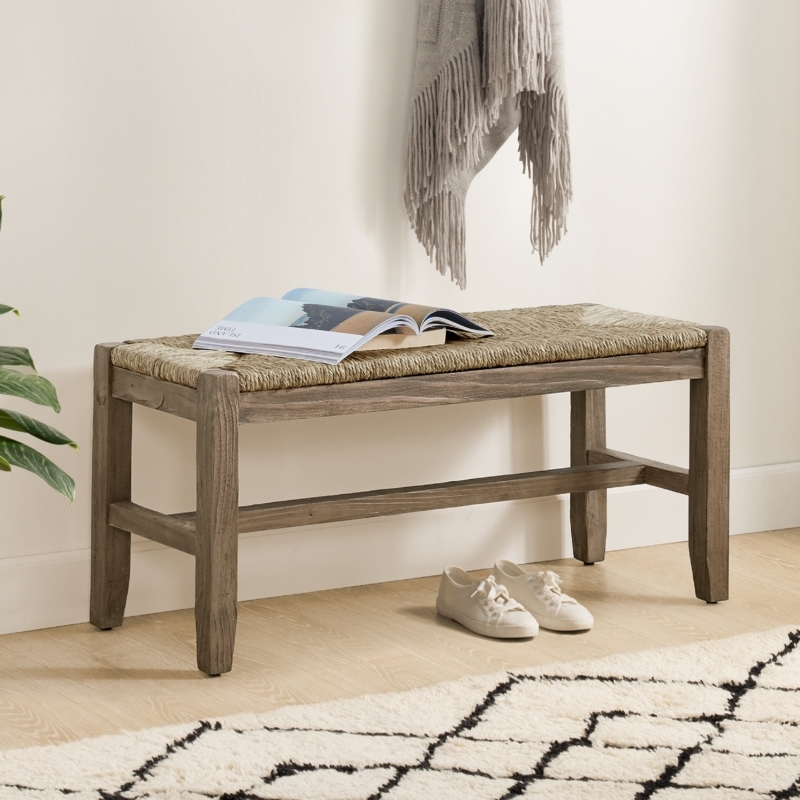 Aston 40" Wide Rustic Industrial Solid Wood Faux Concrete Dining Or Entryway Bench With Rush Seat